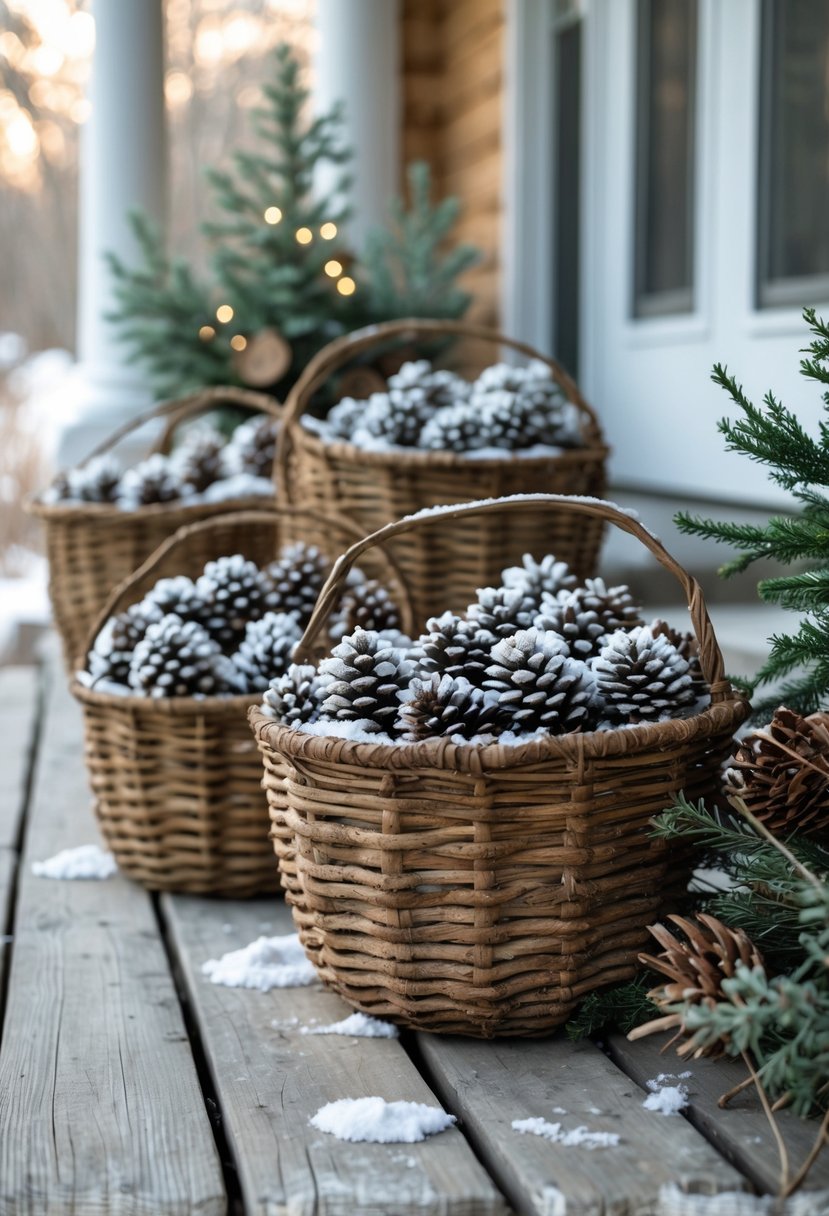 Woven baskets filled with snow-dusted pinecones arranged on a wooden front porch with winter greenery.